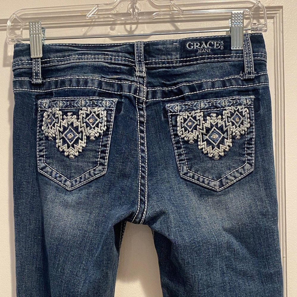 Grace in LA Girl’s Dark Blue Low Rise Flare Jeans Embroidered Western Wear Sz 16